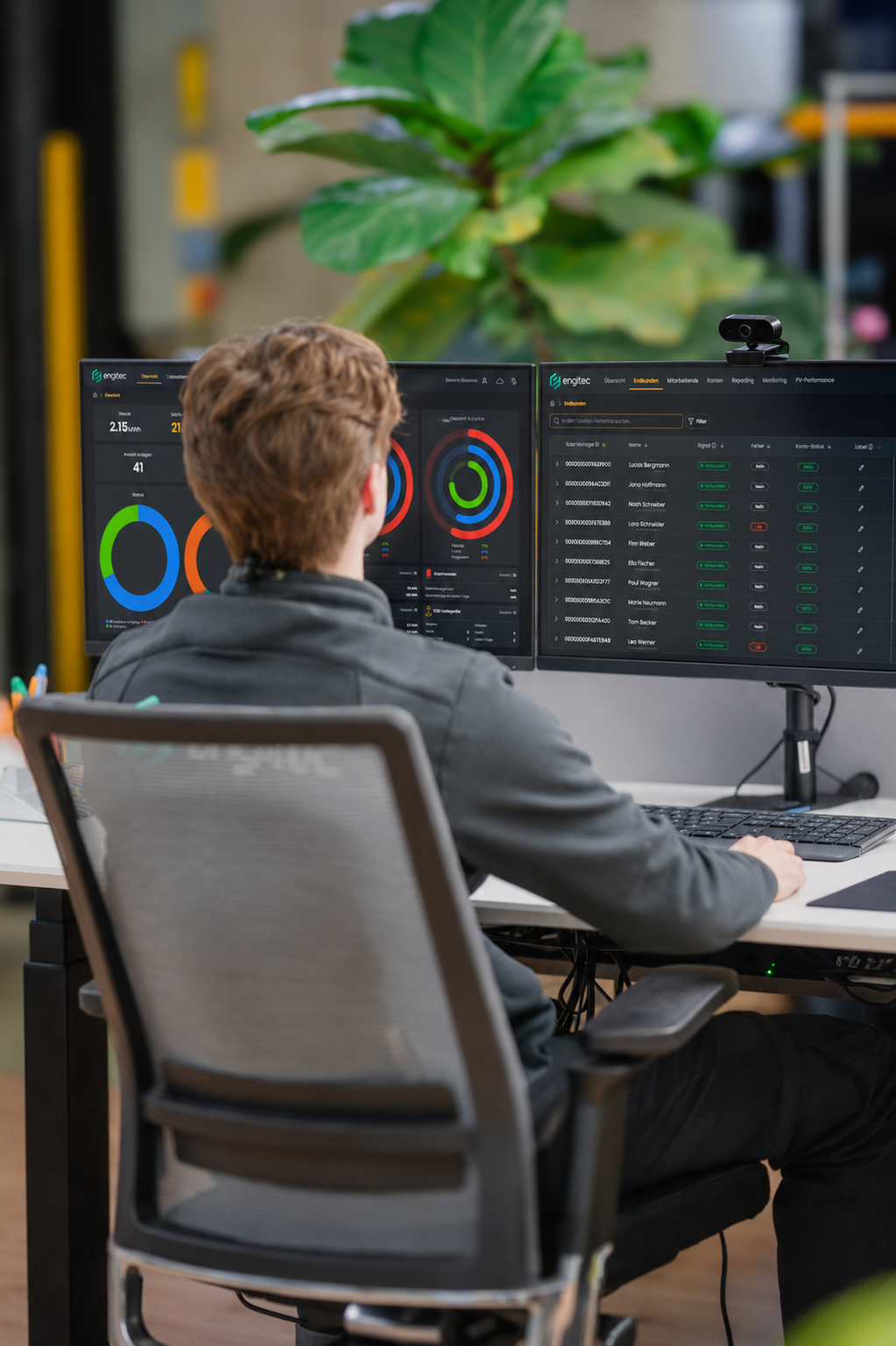 Engitec-Analyst wertet ein Energiesystem-Dashboard am Bildschirm aus